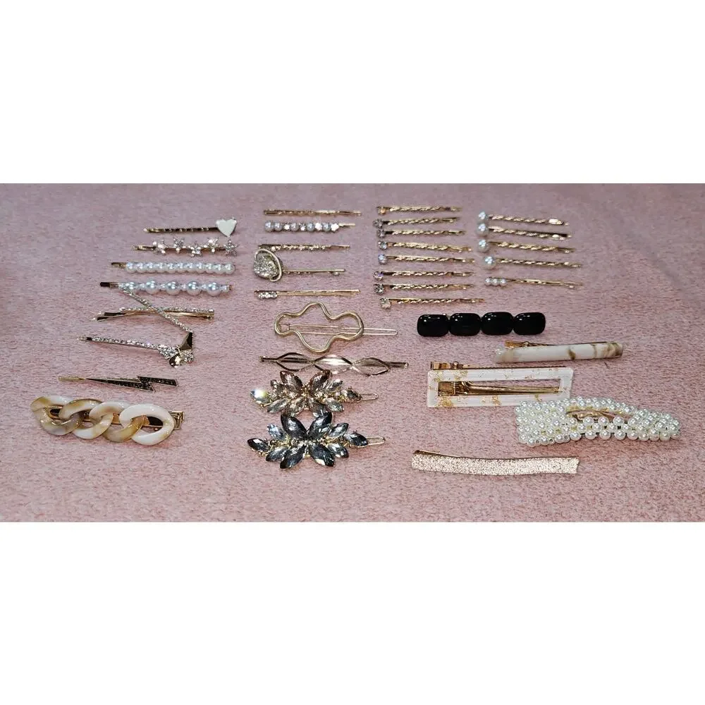 35 Assorted Set of Gold-Tone Fashion Hair Clips- Resin, Faux Pearls, & more!